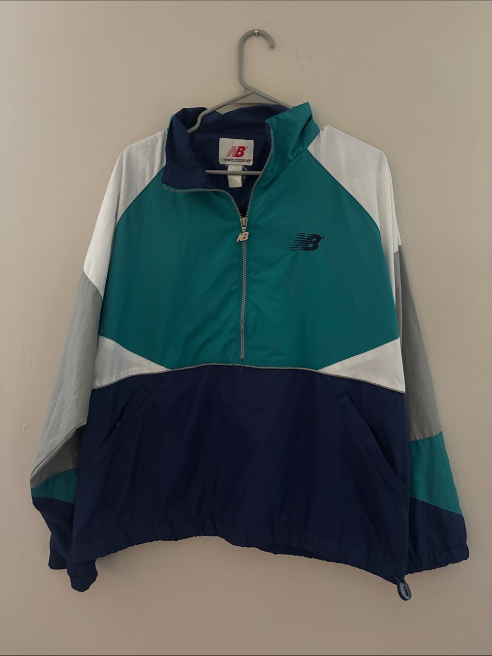 VINTAGE New Balance Teal, Navy & White Colorblock Pullover Windbreaker